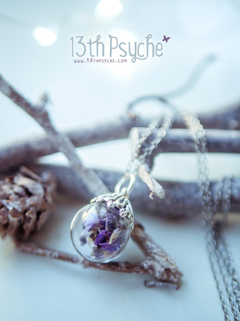 Handmade Real dried lavender glass orb pendant necklace - 13th Psyche