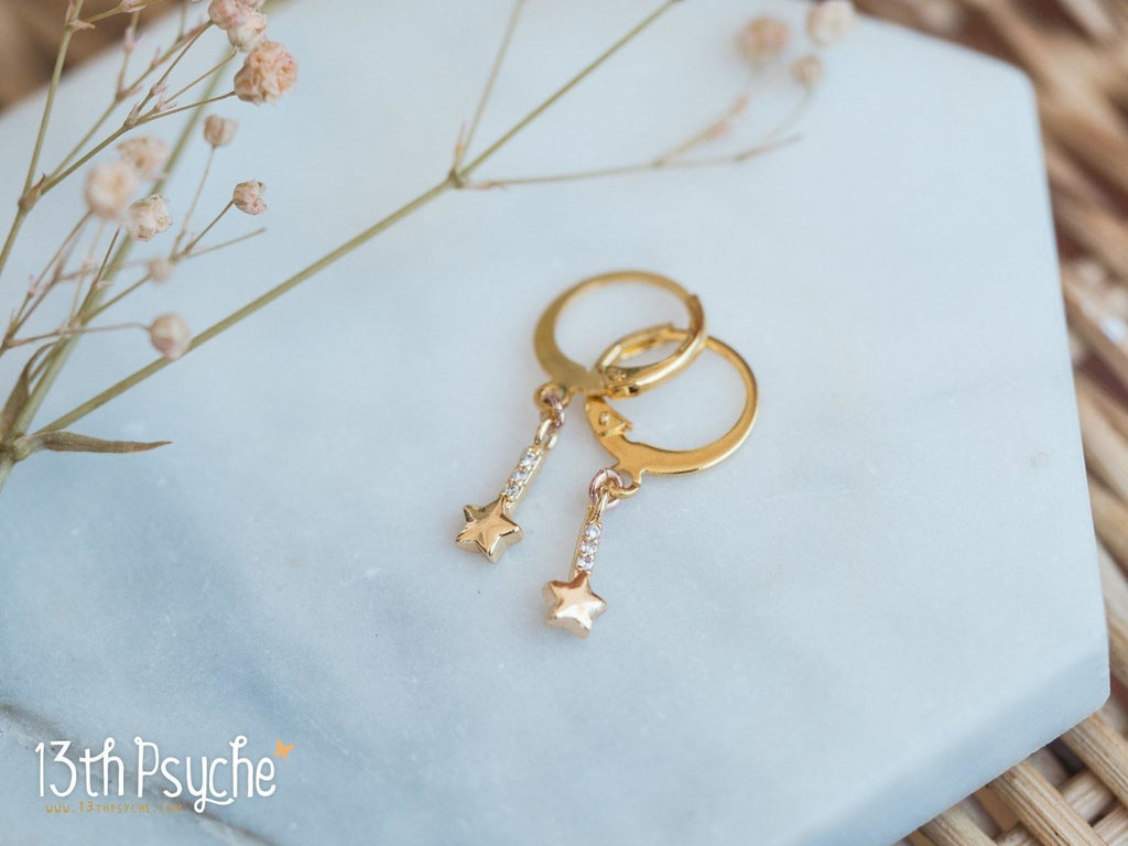 Handmade Cubic Zirconia shooting stars gold huggie hoop earrings - 13th Psyche