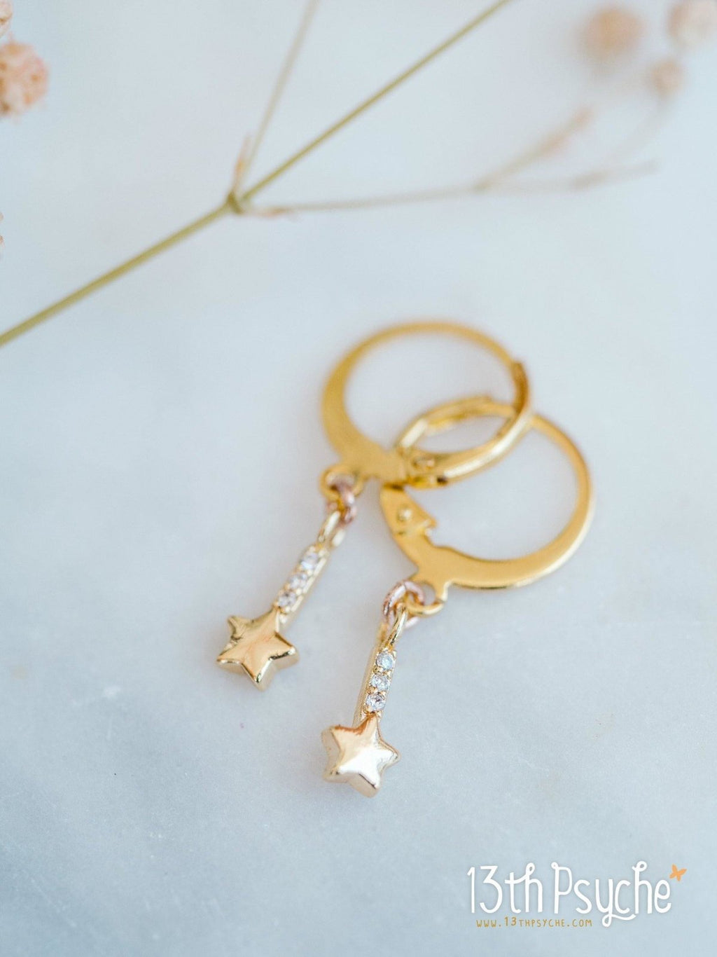 Handmade Cubic Zirconia shooting stars gold huggie hoop earrings - 13th Psyche