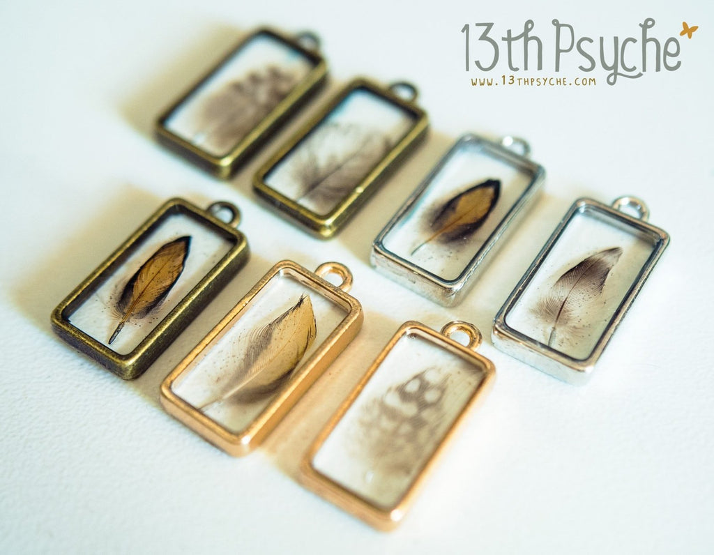 Handmade Square shaped resin pendant with real tiny feather necklace - 13th Psyche