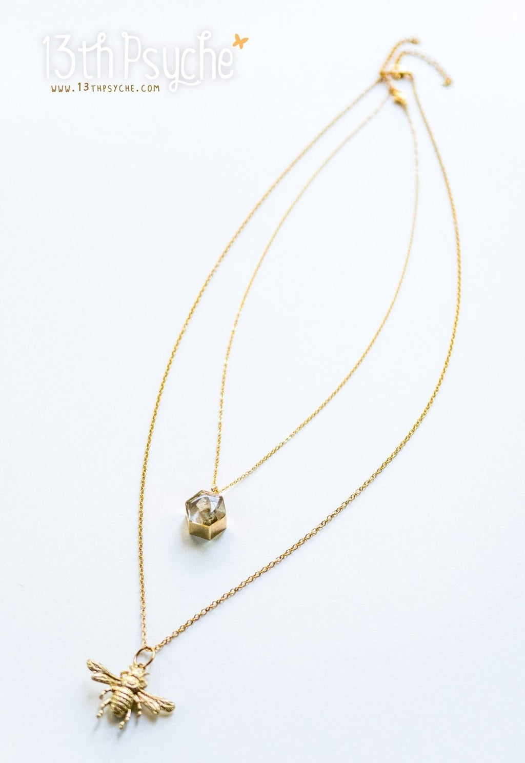 Handmade Gold bee and dried flowers double layered necklace set - 13th Psyche