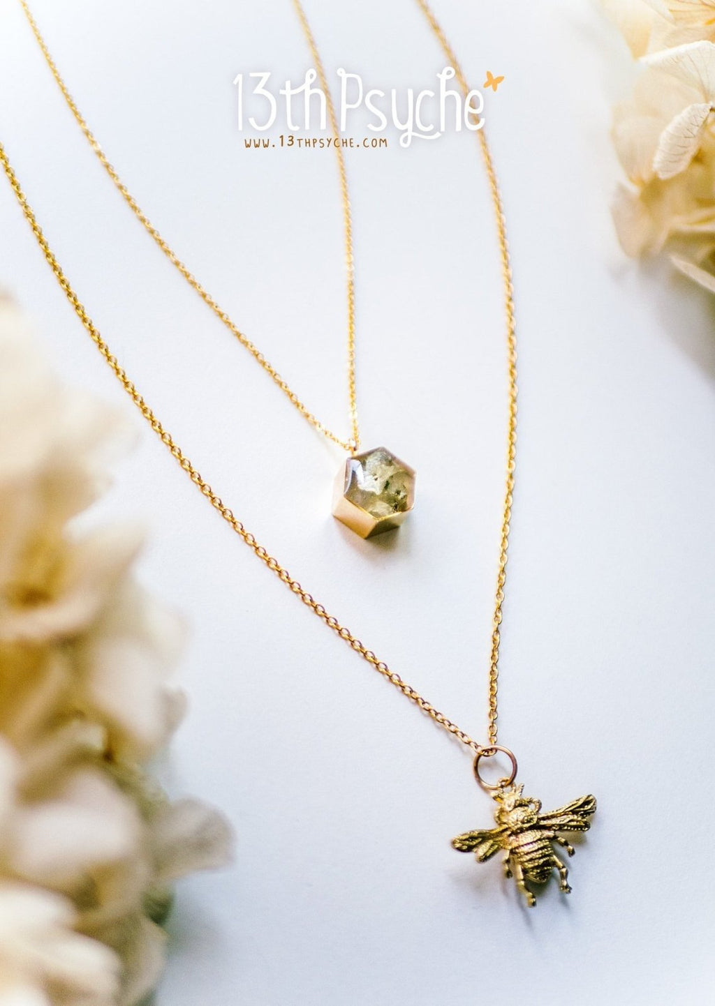 Handmade Gold bee and dried flowers double layered necklace set - 13th Psyche
