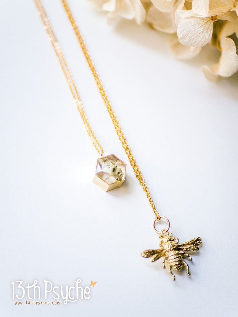 Handmade Gold bee and dried flowers double layered necklace set - 13th Psyche
