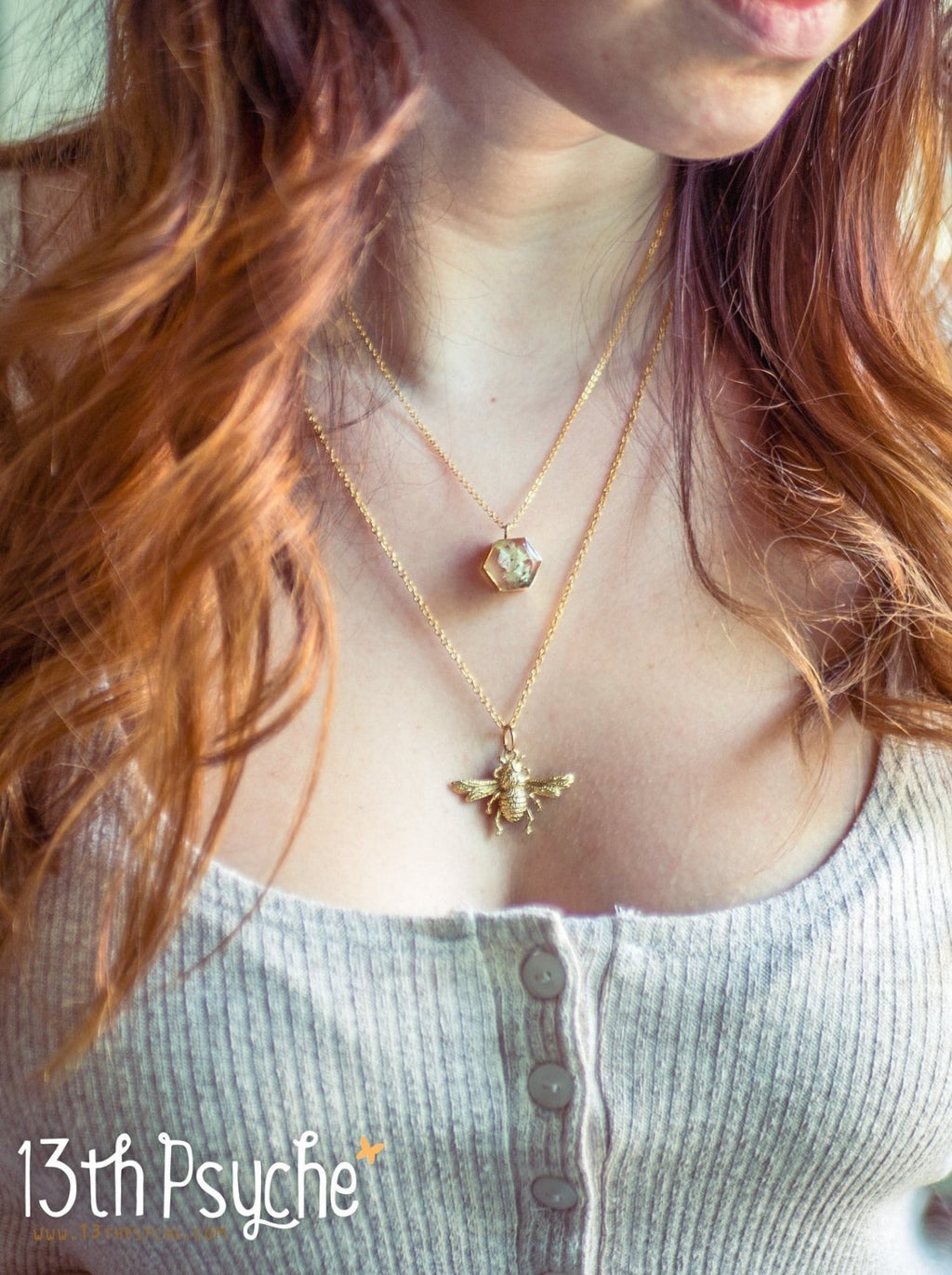 Handmade Gold bee and dried flowers double layered necklace set - 13th Psyche