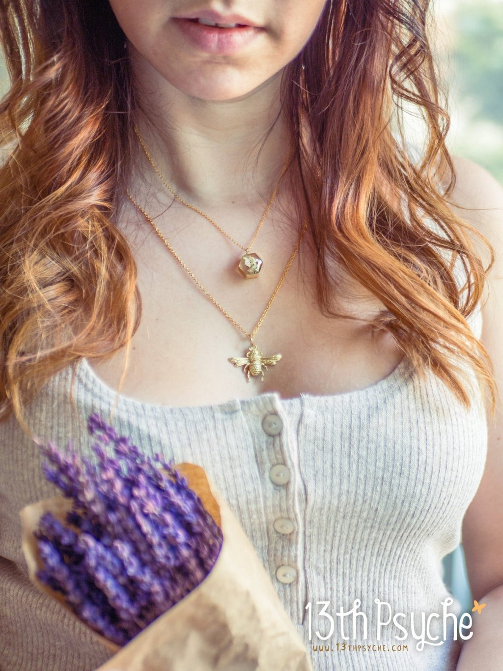 Handmade Gold bee and dried flowers double layered necklace set - 13th Psyche
