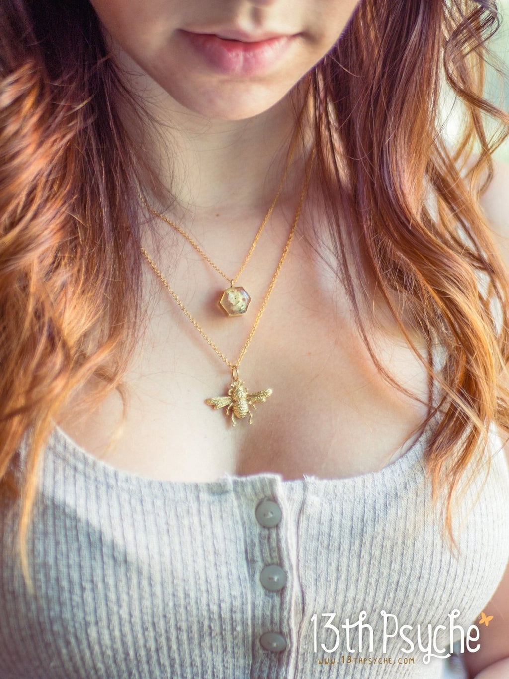 Handmade Gold bee and dried flowers double layered necklace set - 13th Psyche
