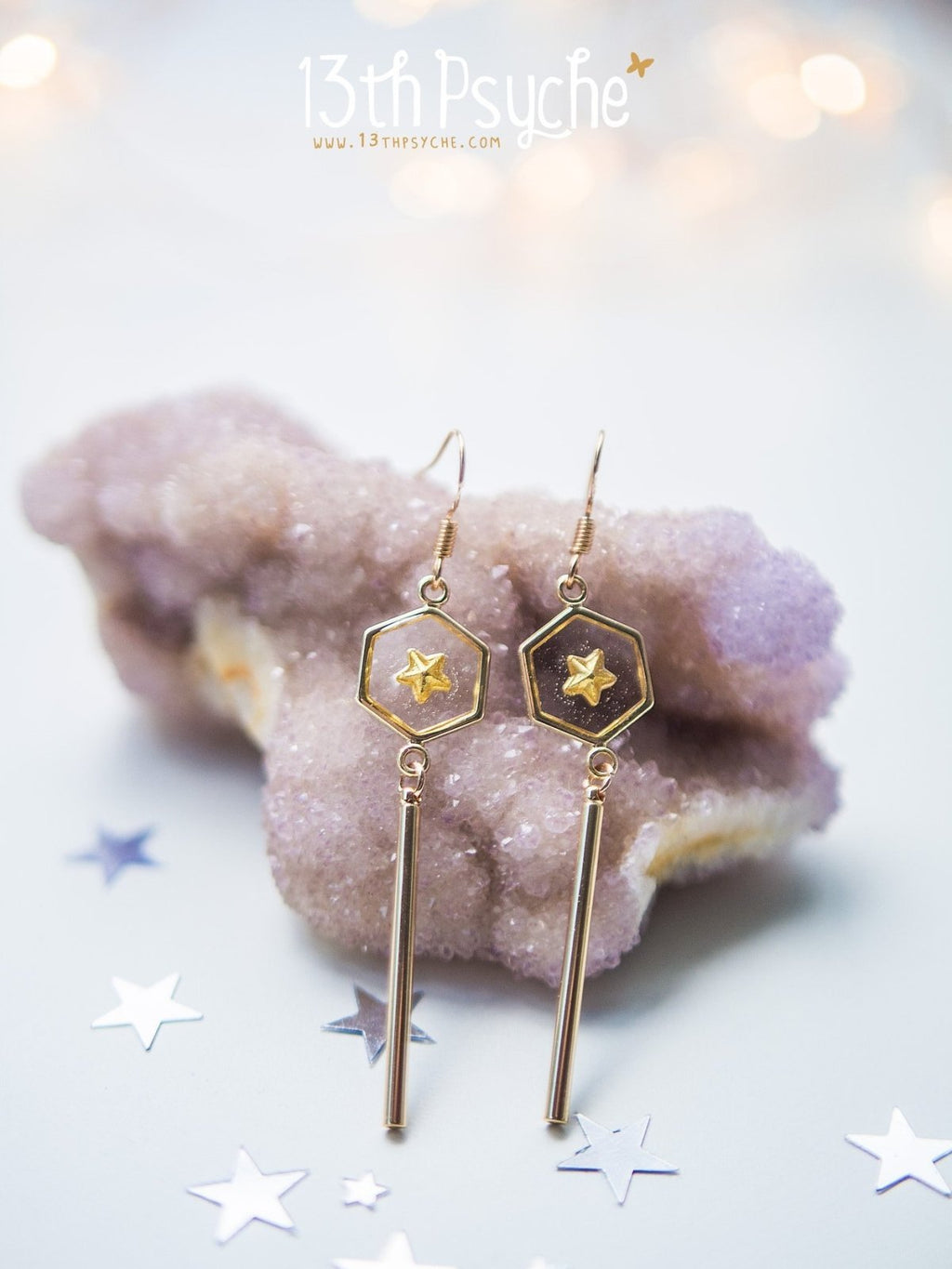 Handmade Geometric gold star hexagon dangle earrings - 13th Psyche