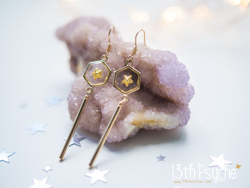 Handmade Geometric gold star hexagon dangle earrings - 13th Psyche