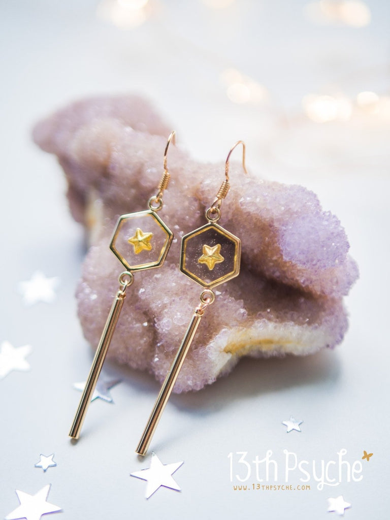 Handmade Geometric gold star hexagon dangle earrings - 13th Psyche