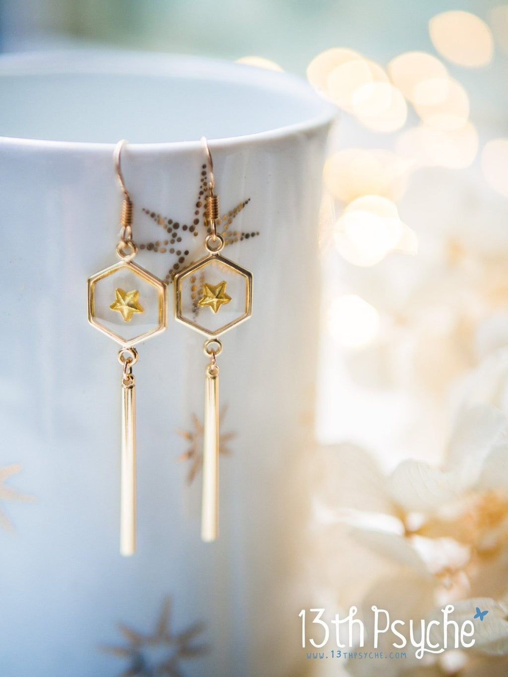 Handmade Geometric gold star hexagon dangle earrings - 13th Psyche