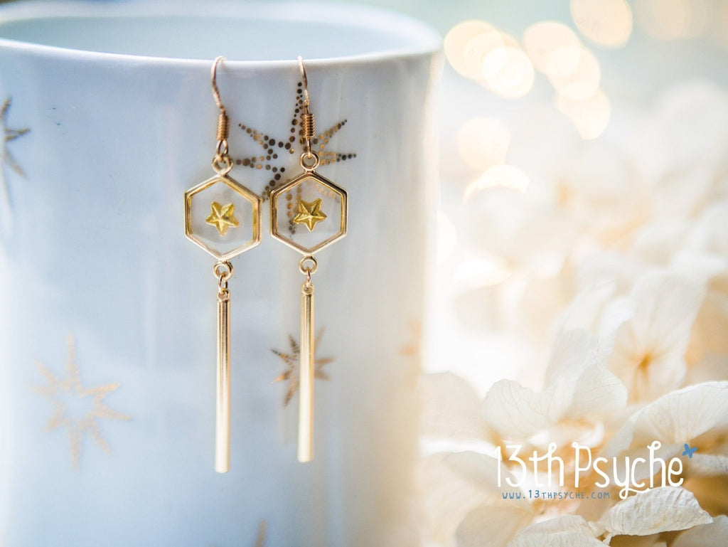 Handmade Geometric gold star hexagon dangle earrings - 13th Psyche