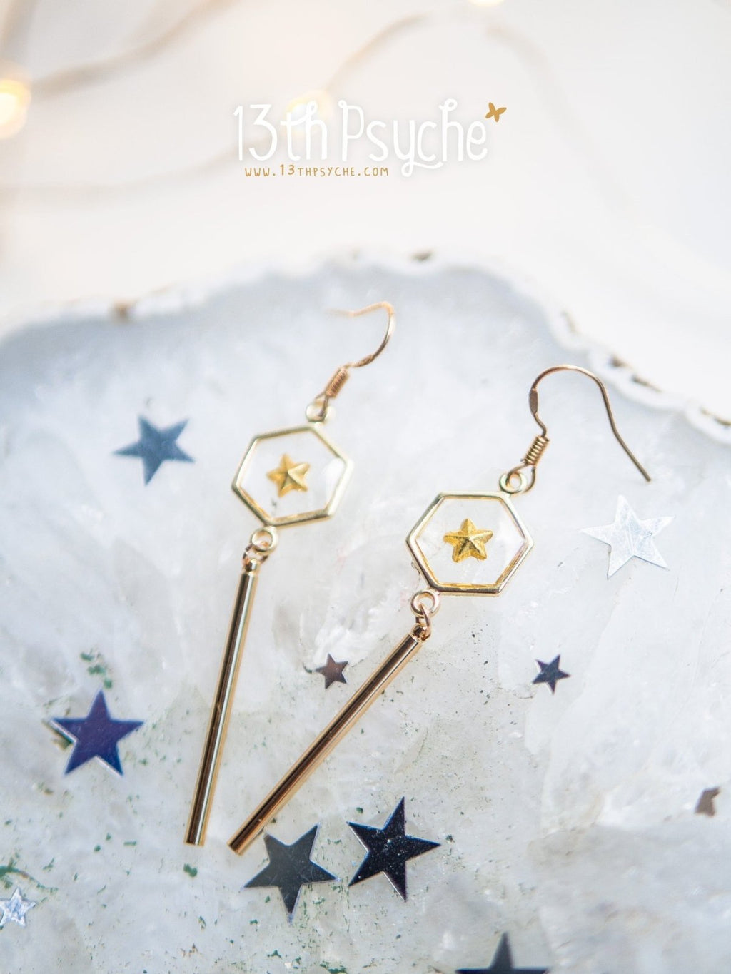 Handmade Geometric gold star hexagon dangle earrings - 13th Psyche