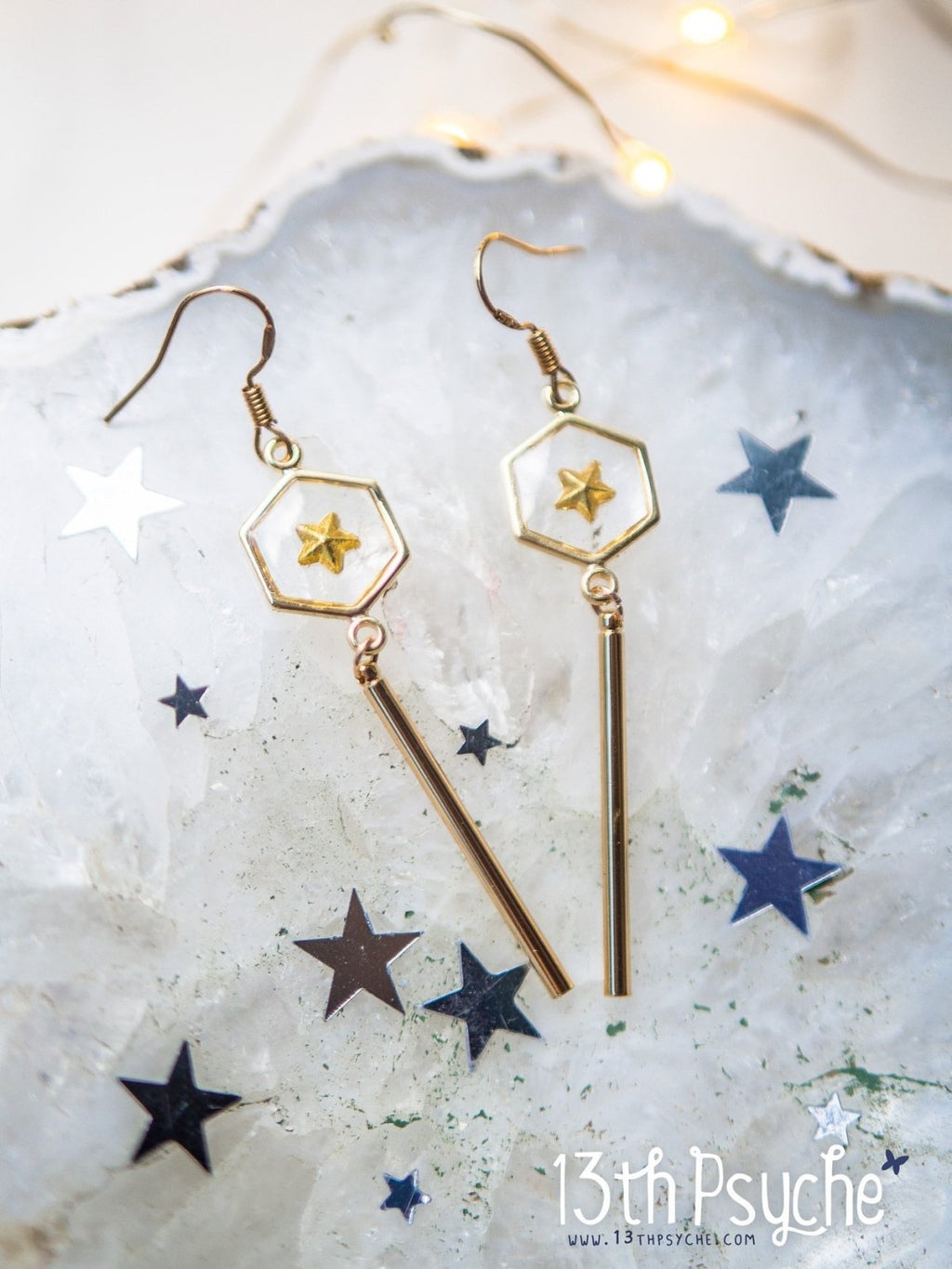 Handmade Geometric gold star hexagon dangle earrings - 13th Psyche
