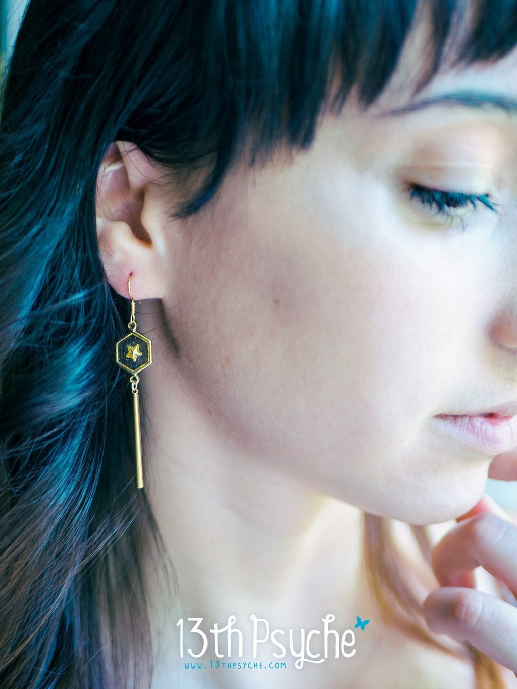 Handmade Geometric gold star hexagon dangle earrings - 13th Psyche