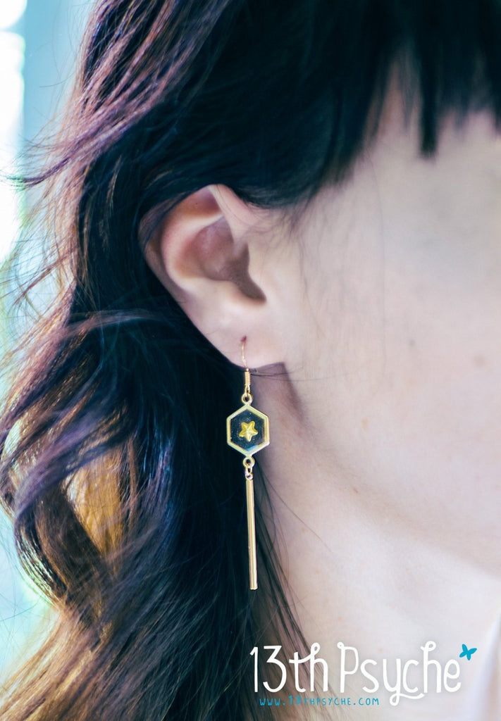 Handmade Geometric gold star hexagon dangle earrings - 13th Psyche