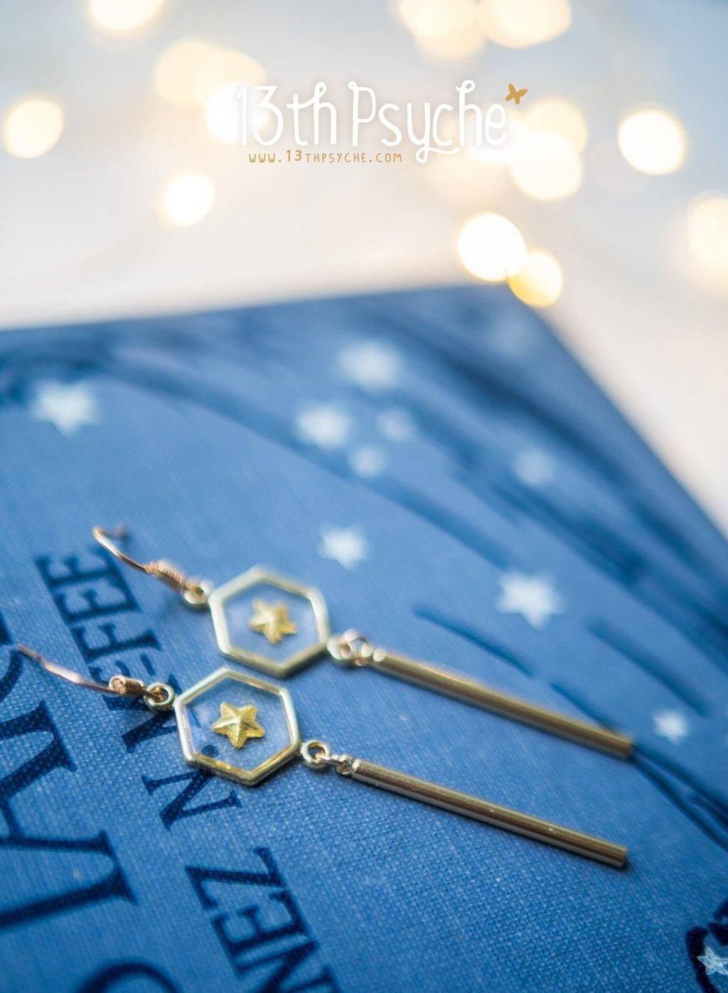 Handmade Geometric gold star hexagon dangle earrings - 13th Psyche
