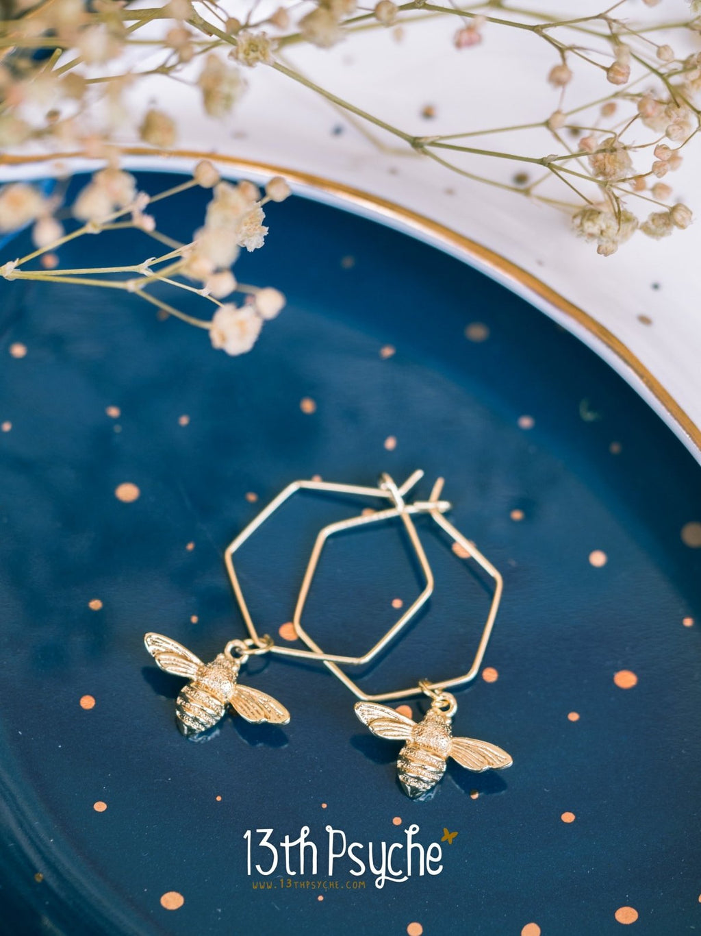 Handmade Hexagon hoop earrings with bee charms - 13th Psyche
