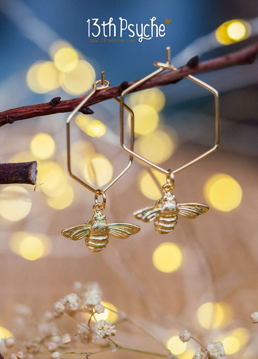 Handmade Hexagon hoop earrings with bee charms - 13th Psyche
