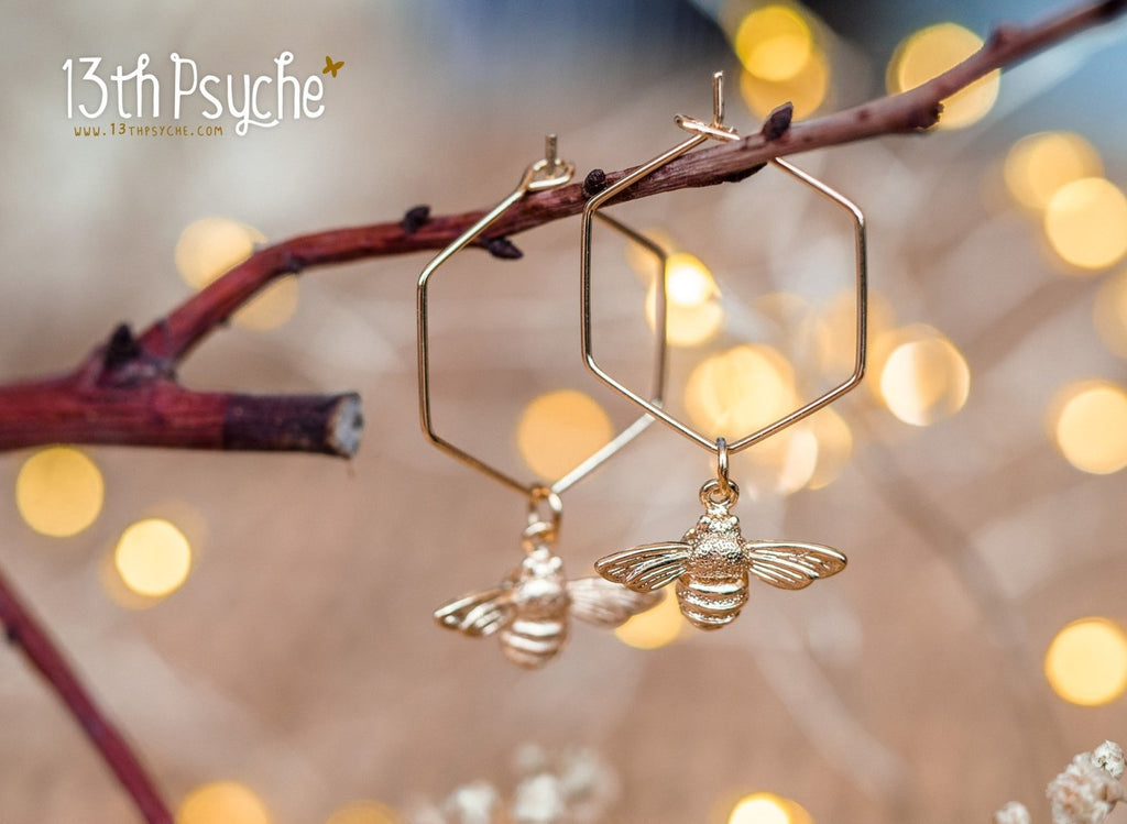 Handmade Hexagon hoop earrings with bee charms - 13th Psyche