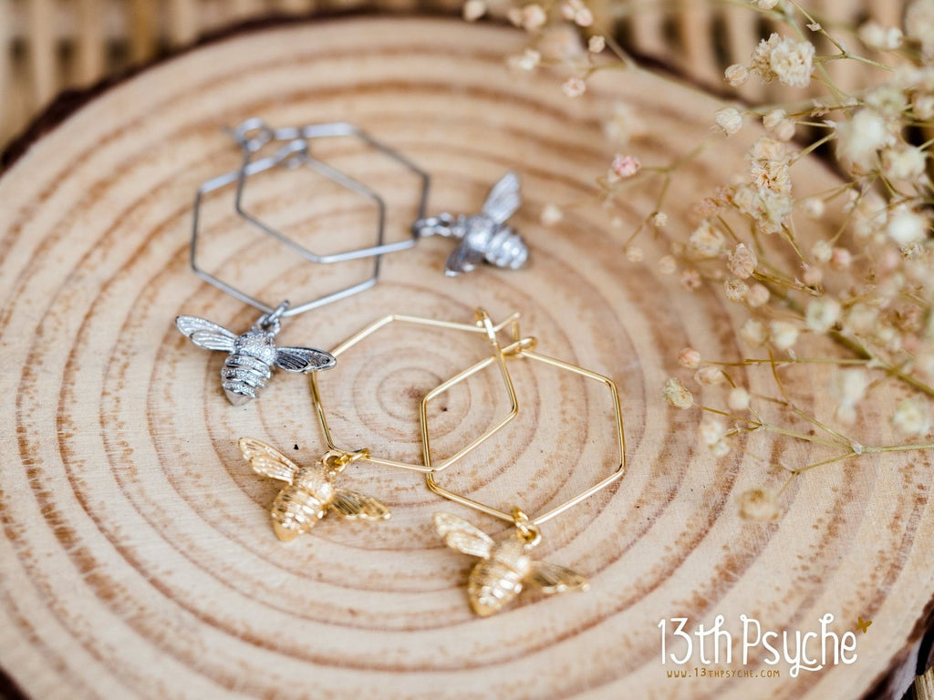 Handmade Hexagon hoop earrings with bee charms - 13th Psyche