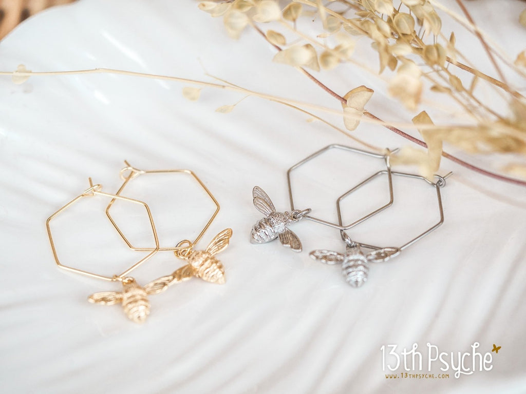 Handmade Hexagon hoop earrings with bee charms - 13th Psyche