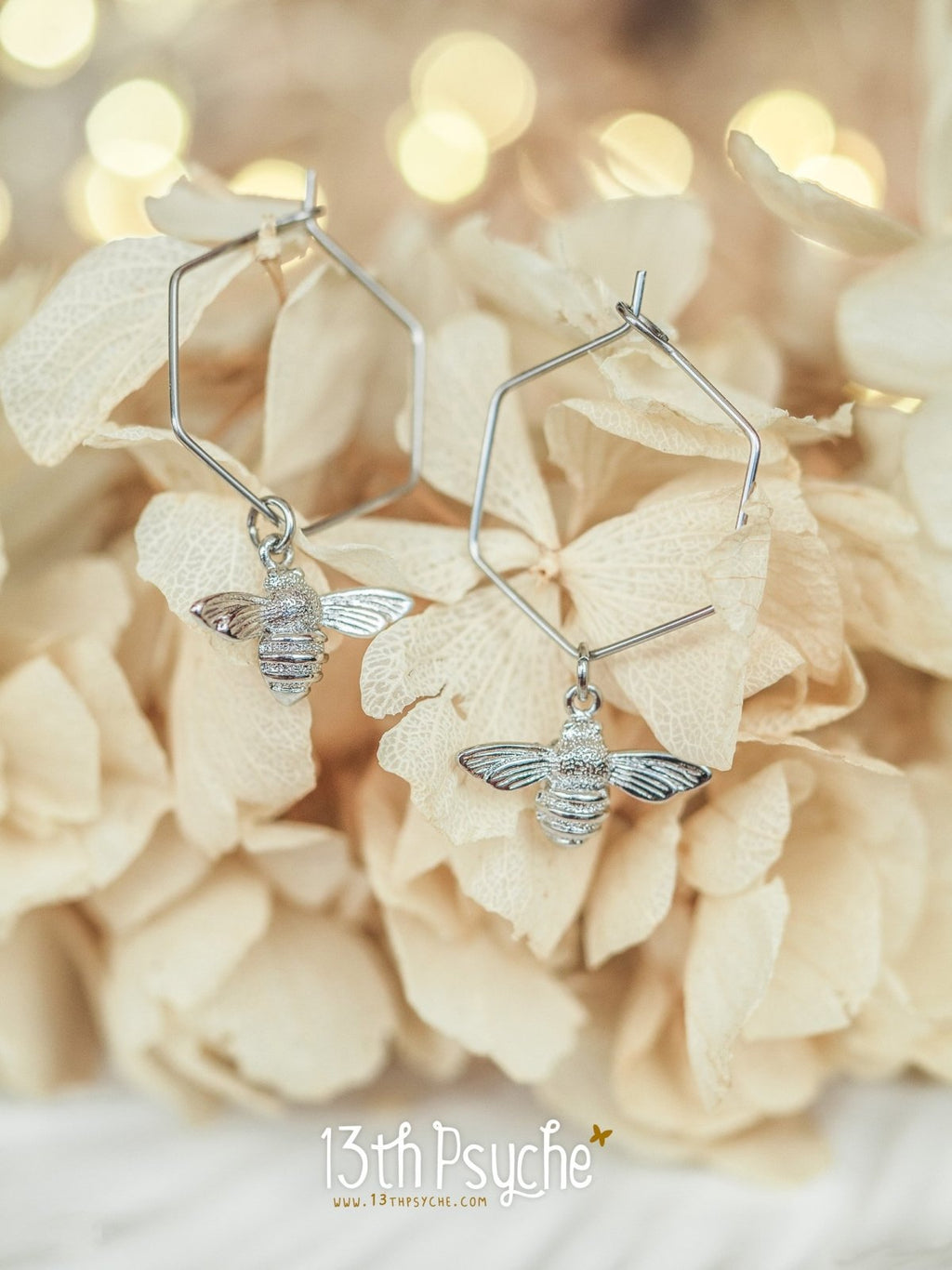 Handmade Hexagon hoop earrings with bee charms - 13th Psyche