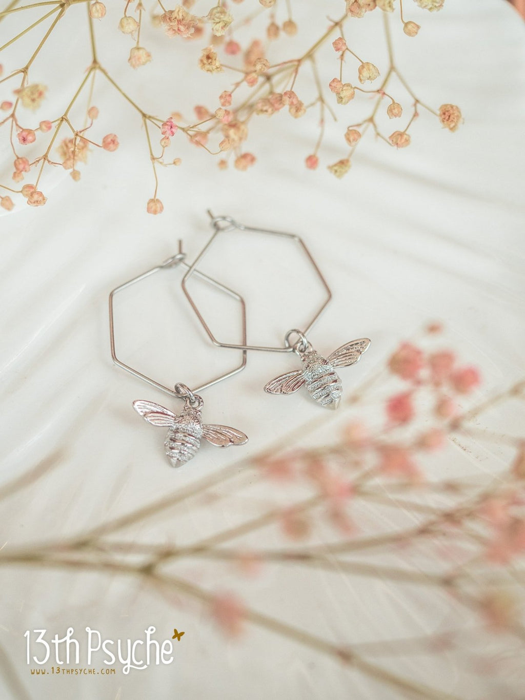 Handmade Hexagon hoop earrings with bee charms - 13th Psyche