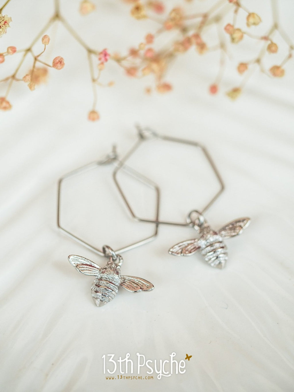 Handmade Hexagon hoop earrings with bee charms - 13th Psyche