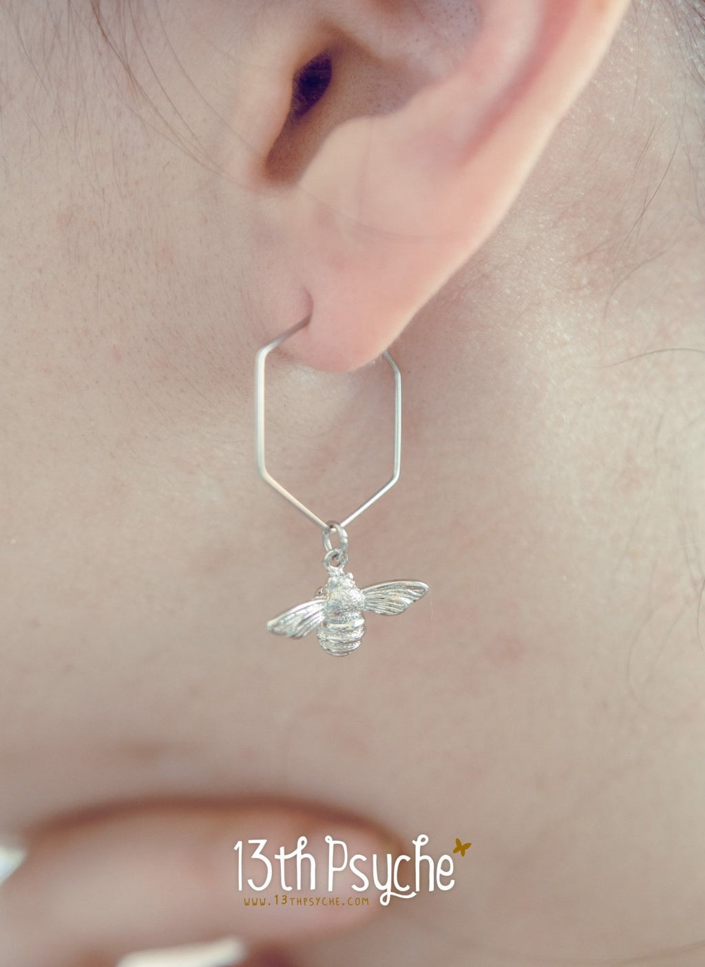 Handmade Hexagon hoop earrings with bee charms - 13th Psyche