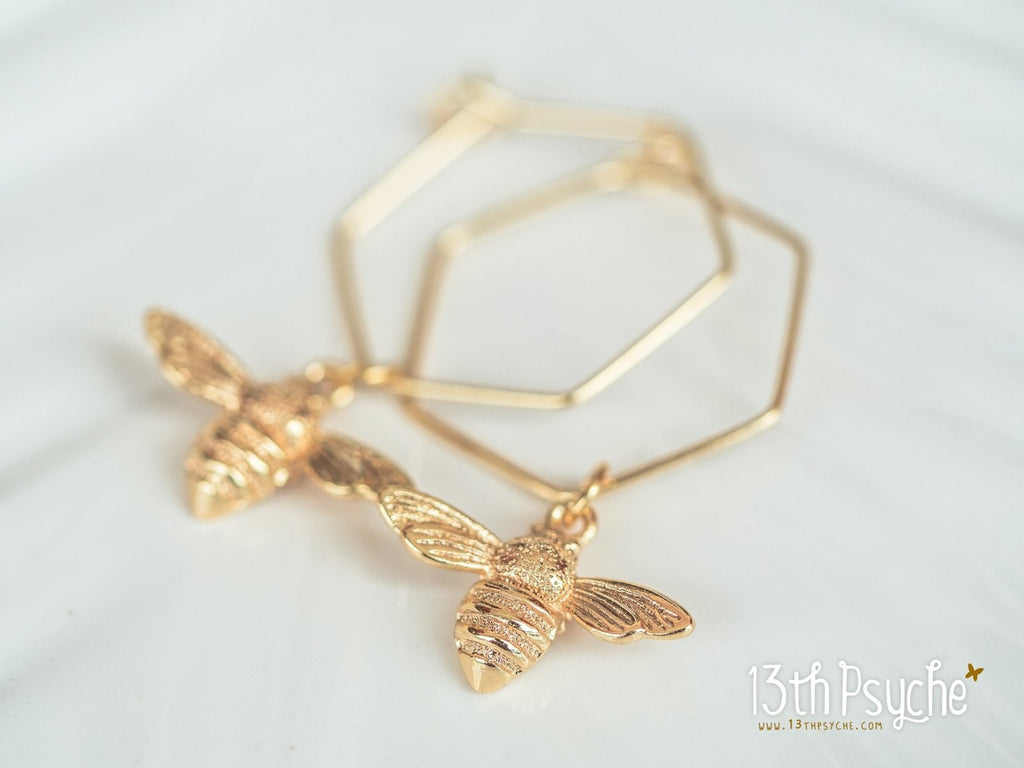 Handmade Hexagon hoop earrings with bee charms - 13th Psyche