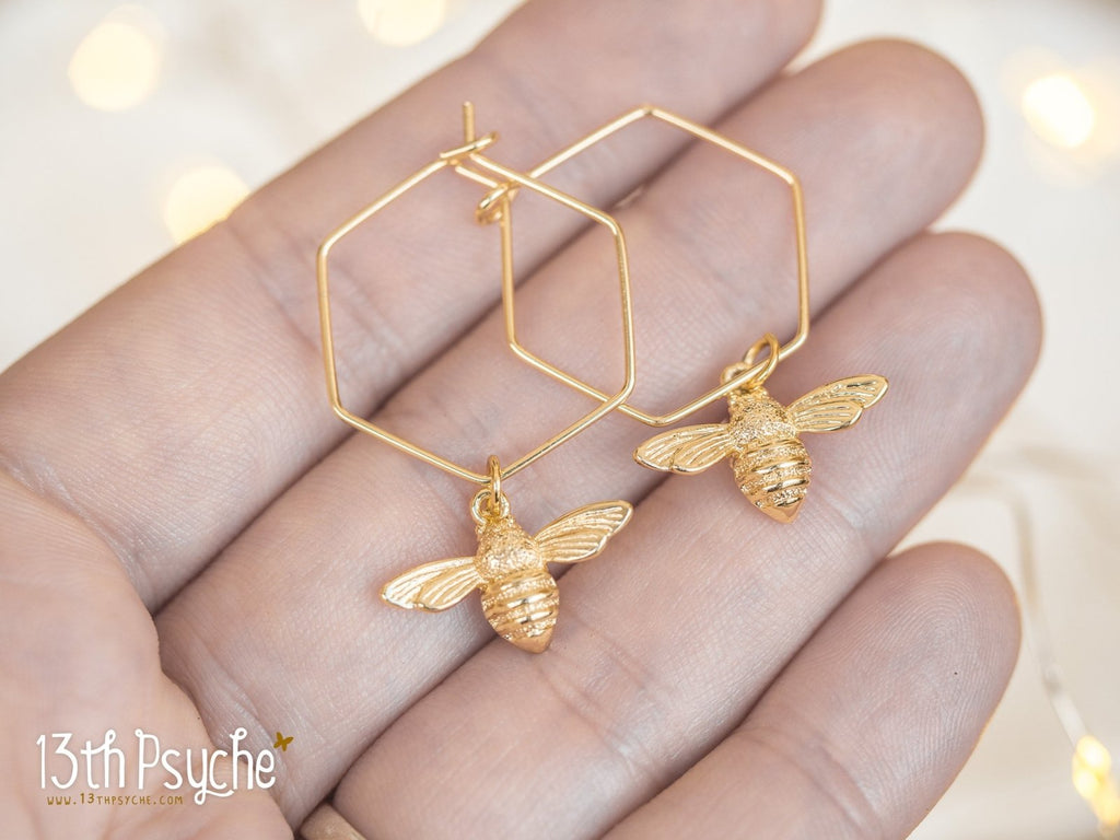 Handmade Hexagon hoop earrings with bee charms - 13th Psyche