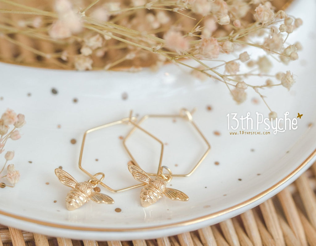 Handmade Hexagon hoop earrings with bee charms - 13th Psyche