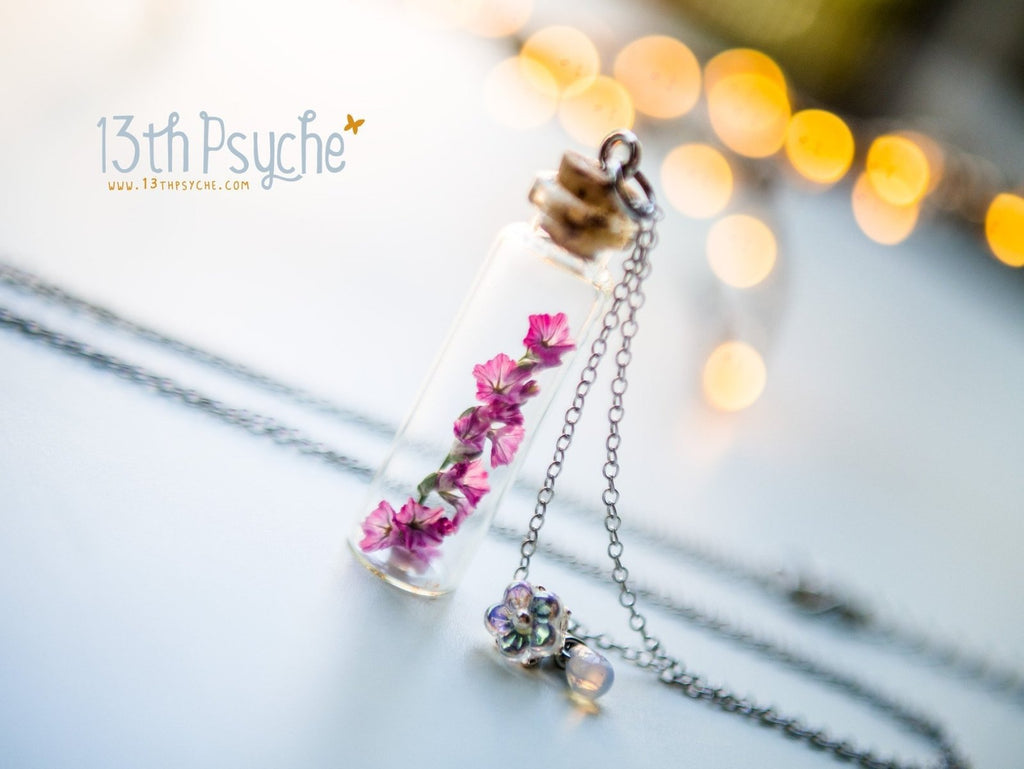 Handmade Real dried pink flower bottle pendant necklace - 13th Psyche