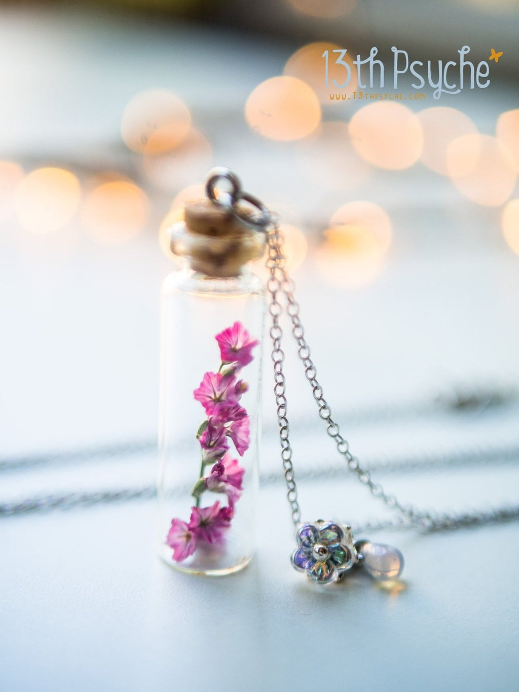 Handmade Real dried pink flower bottle pendant necklace - 13th Psyche