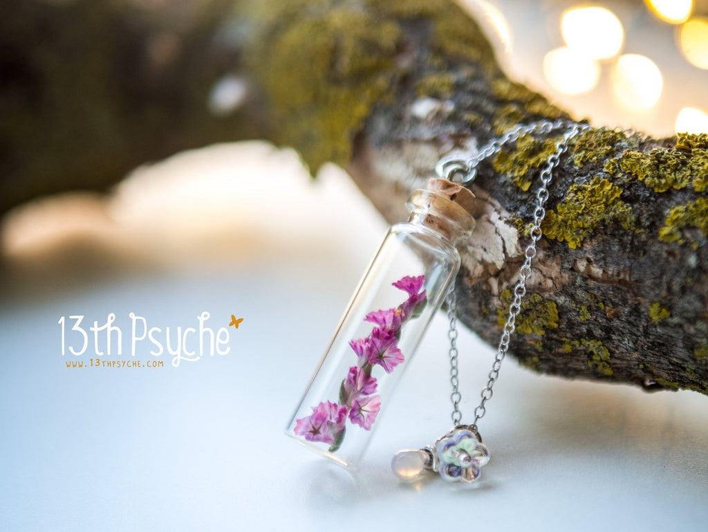 Handmade Real dried pink flower bottle pendant necklace - 13th Psyche