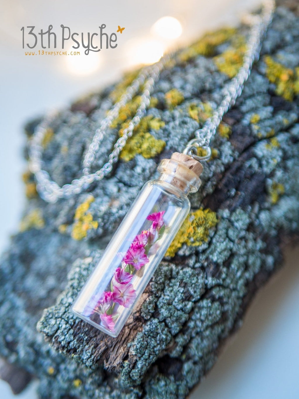 Handmade Real dried pink flower bottle pendant necklace - 13th Psyche