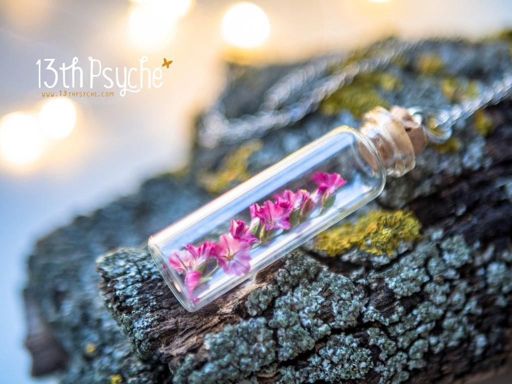 Handmade Real dried pink flower bottle pendant necklace - 13th Psyche