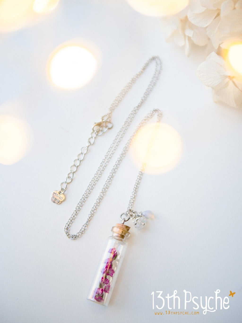 Handmade Real dried pink flower bottle pendant necklace - 13th Psyche