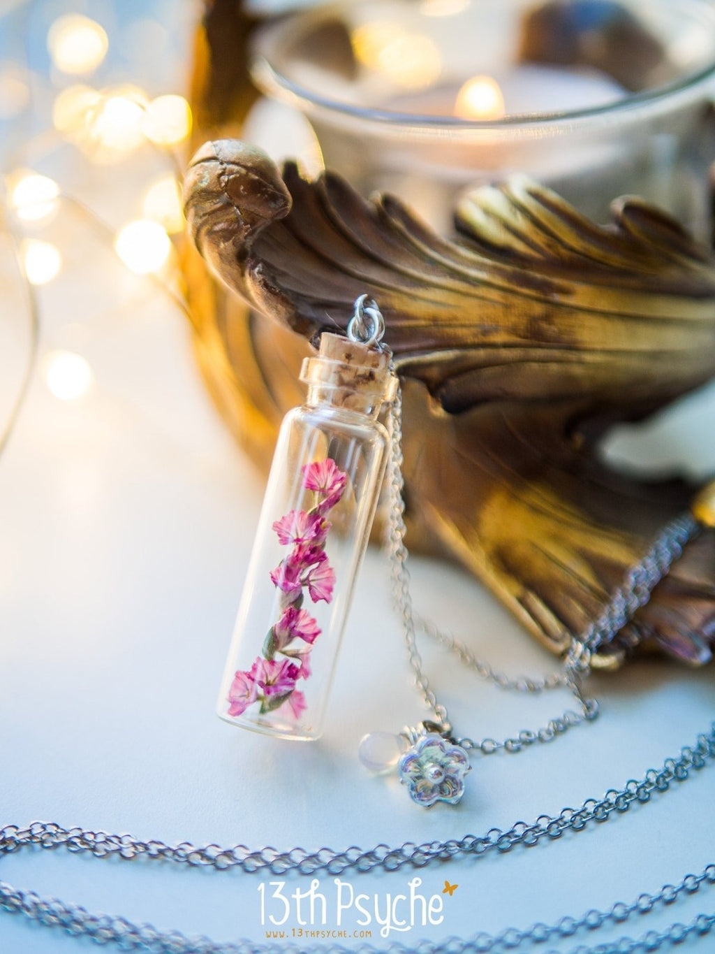 Handmade Real dried pink flower bottle pendant necklace - 13th Psyche