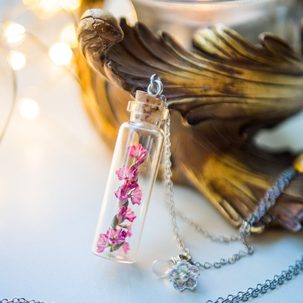 Handmade Real dried pink flower bottle pendant necklace