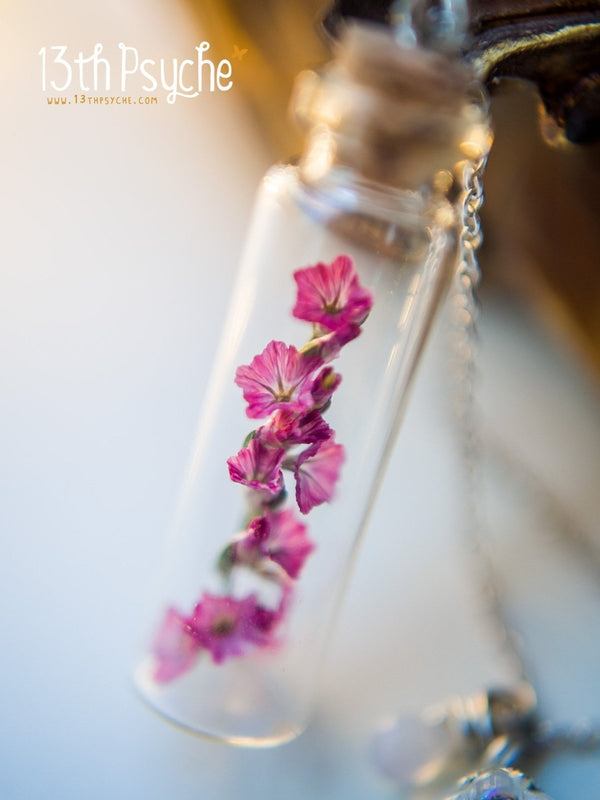 Handmade Real dried pink flower bottle pendant necklace - 13th Psyche