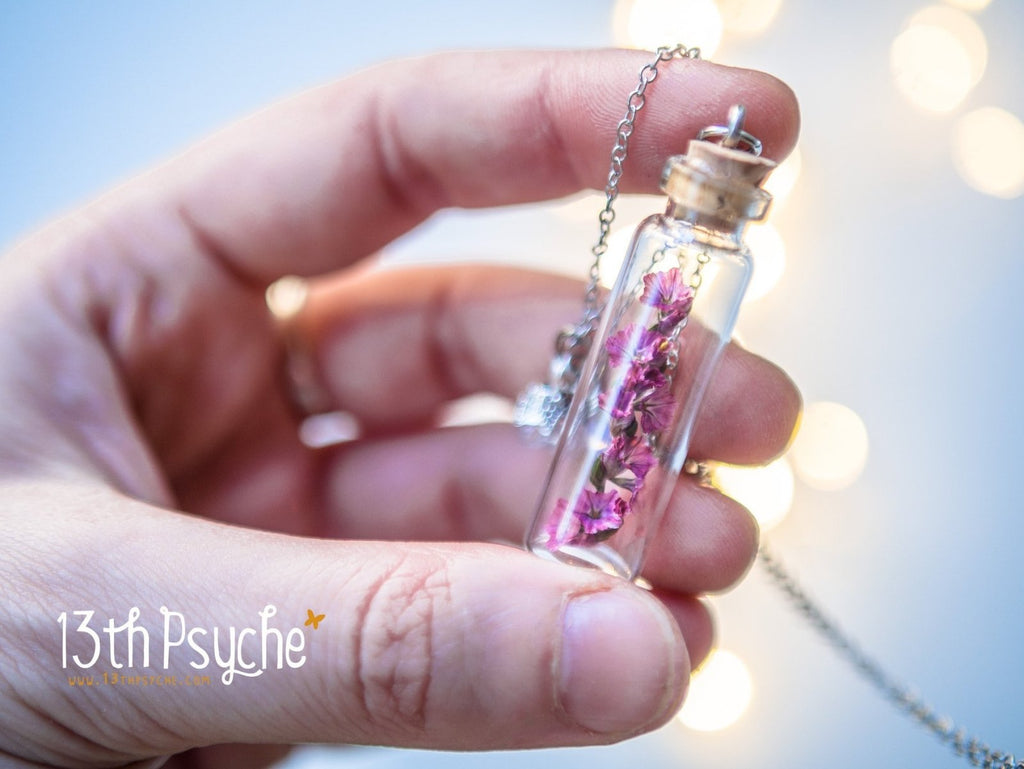 Handmade Real dried pink flower bottle pendant necklace - 13th Psyche
