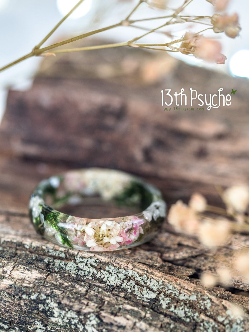 Handmade Real moss, Ozothamnus flowers and moonstone resin ring - 13th Psyche