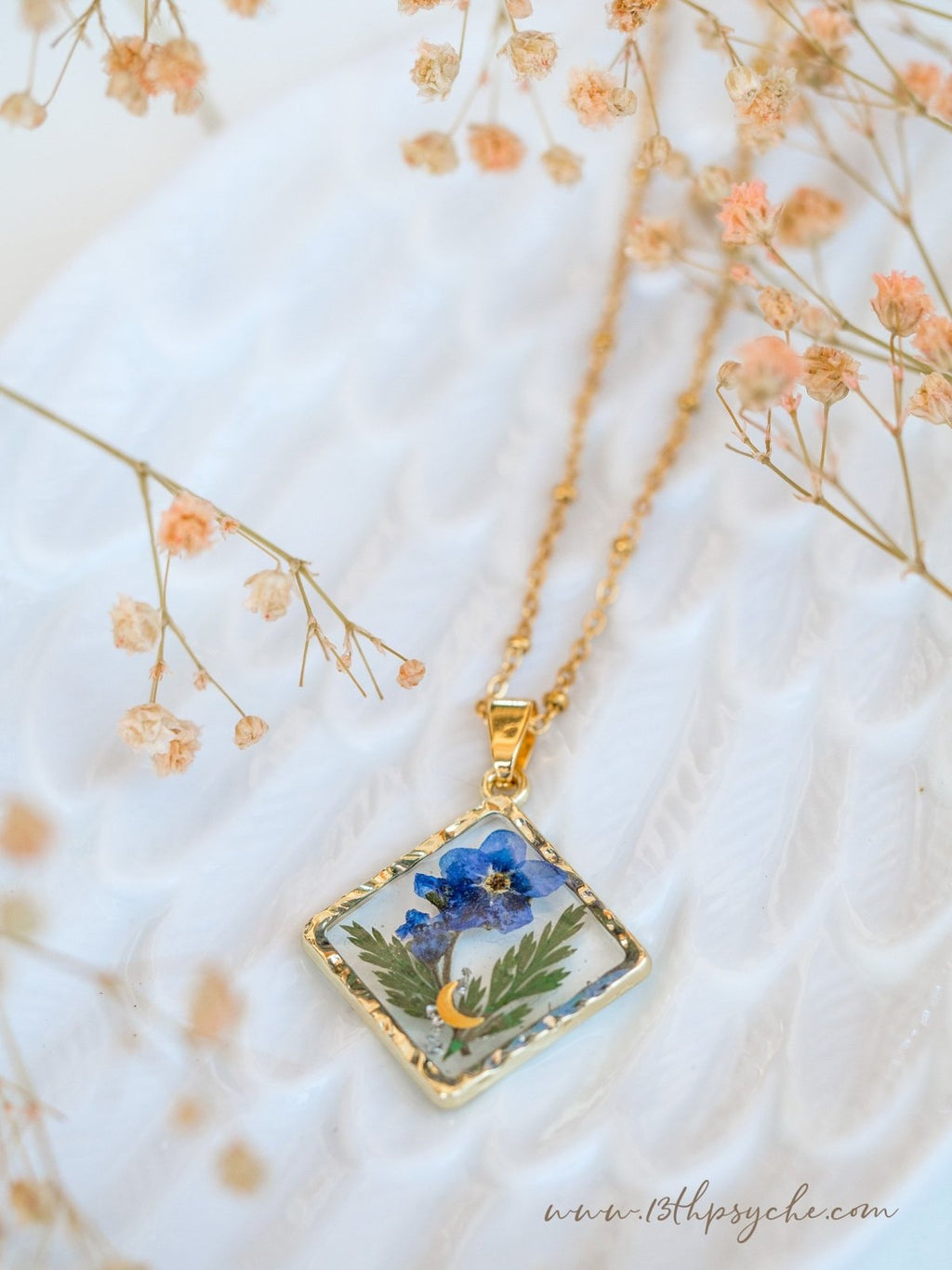Handmade Rhombus Forget me not flower pendant necklace - 13th Psyche