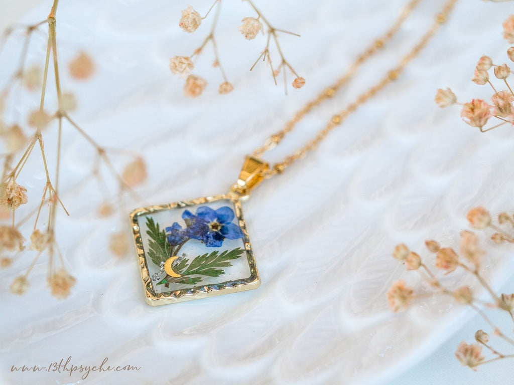 Handmade Rhombus Forget me not flower pendant necklace - 13th Psyche