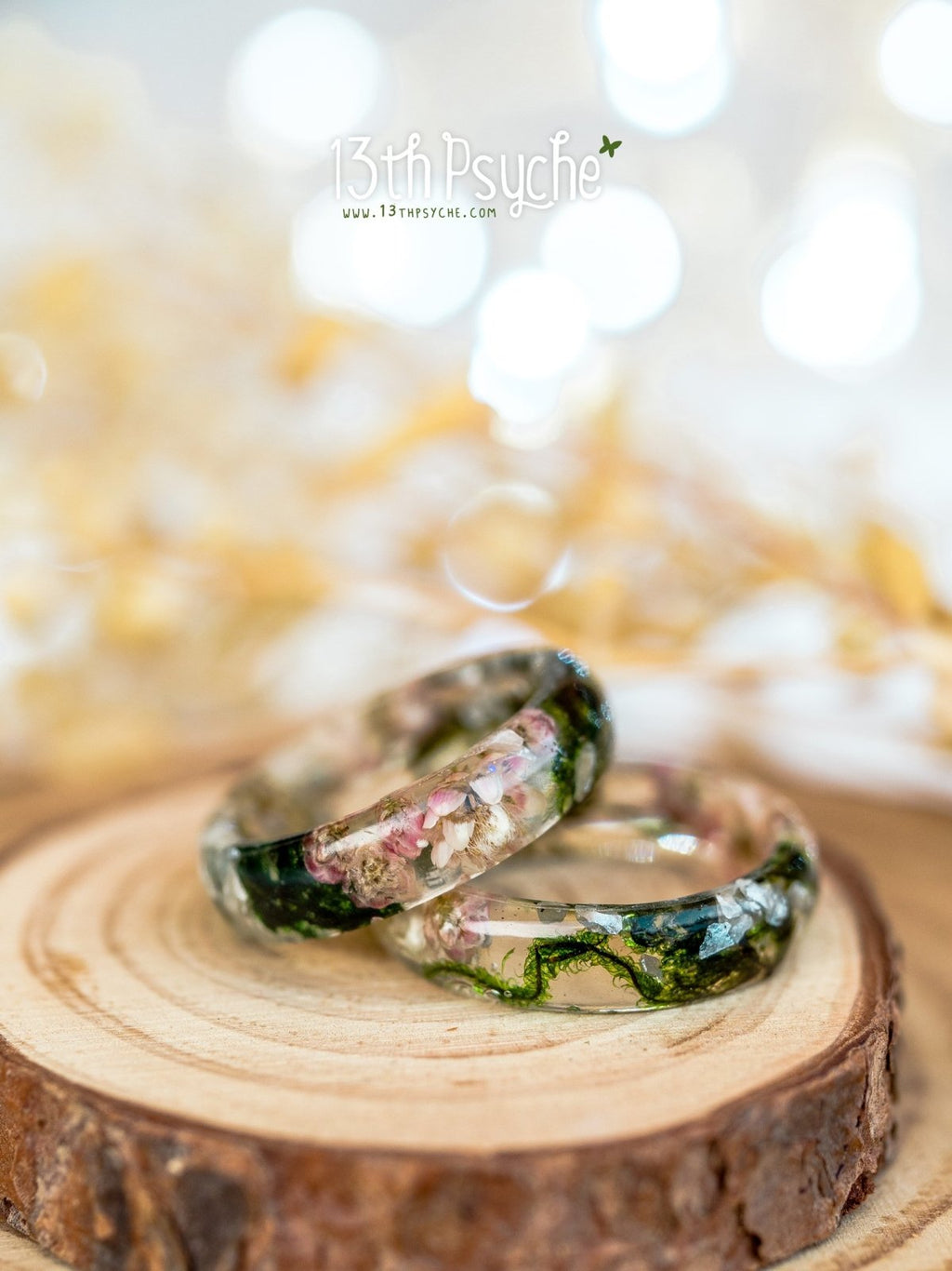 Handmade Real moss, Ozothamnus flowers and moonstone resin ring - 13th Psyche