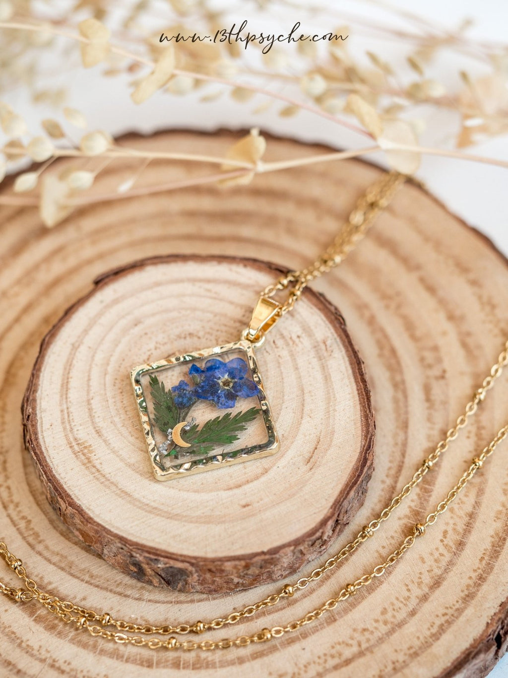 Handmade Rhombus Forget me not flower pendant necklace - 13th Psyche