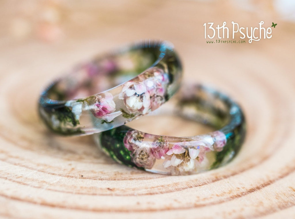 Handmade Real moss, Ozothamnus flowers and moonstone resin ring - 13th Psyche