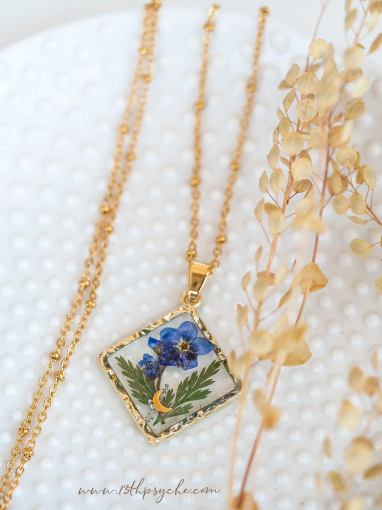 Handmade Rhombus Forget me not flower pendant necklace - 13th Psyche