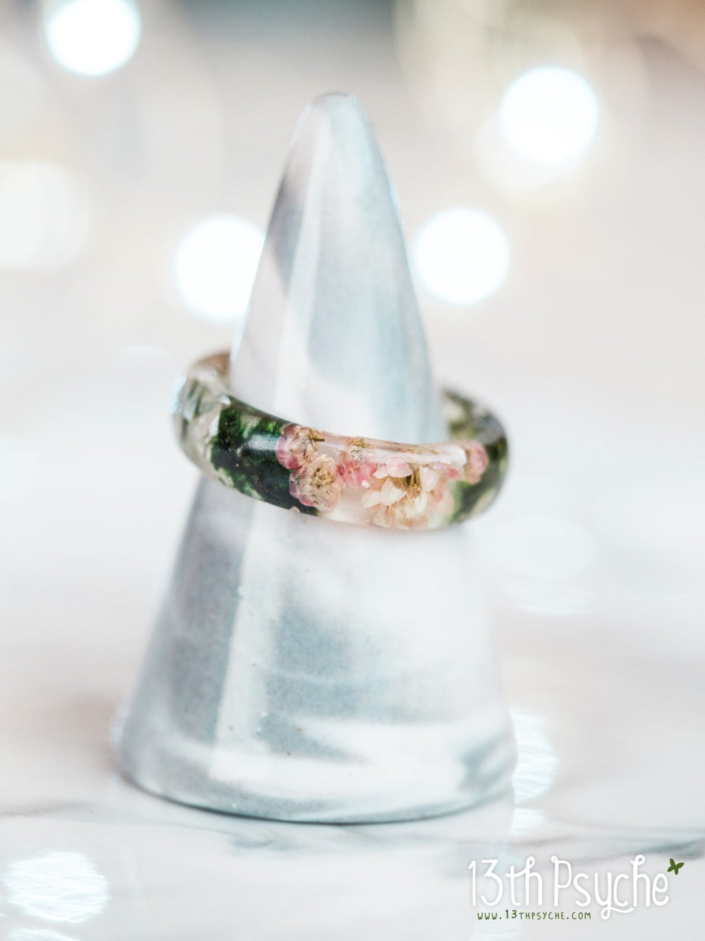 Handmade Real moss, Ozothamnus flowers and moonstone resin ring - 13th Psyche